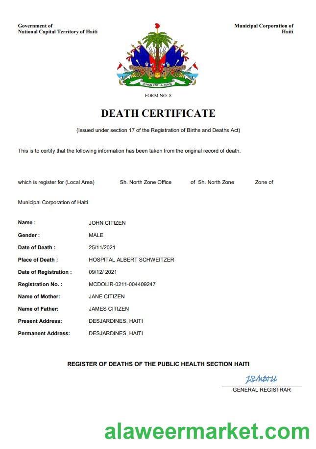 Haiti death certificate Word and PDF template